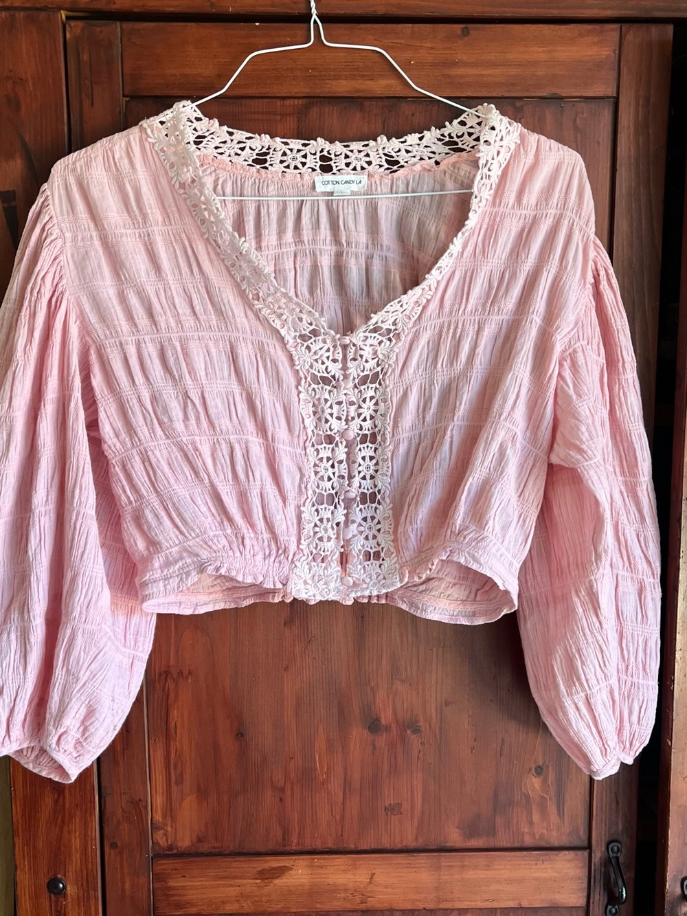 Cotton Candy Light Pink Cropped Lace-Trim Boho Blouse